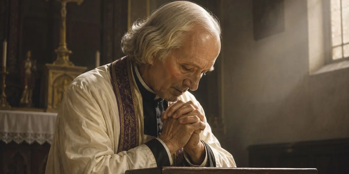 São João Maria Vianney em momento de oração, representando sua vida de fé e fidelidade a Deus.